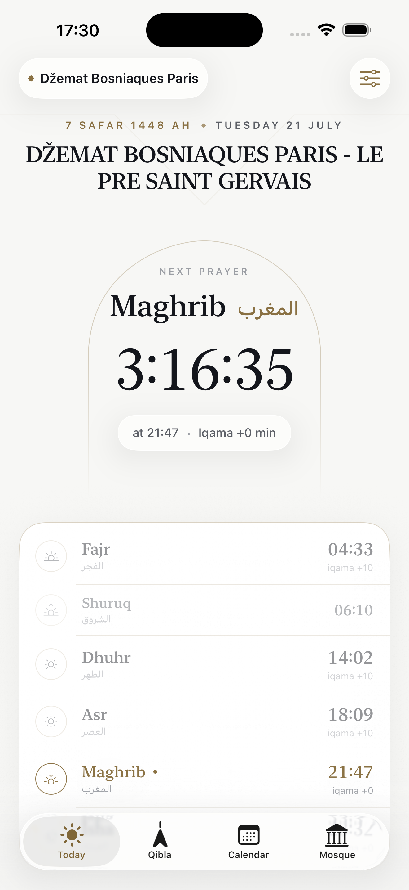 Durri Today screen showing a live countdown to Maghrib and the day's prayer times